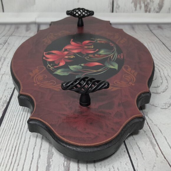Wood Tray Hand Painted Floral Metal Handles Footed Artist Signed - Picture 4 of 11